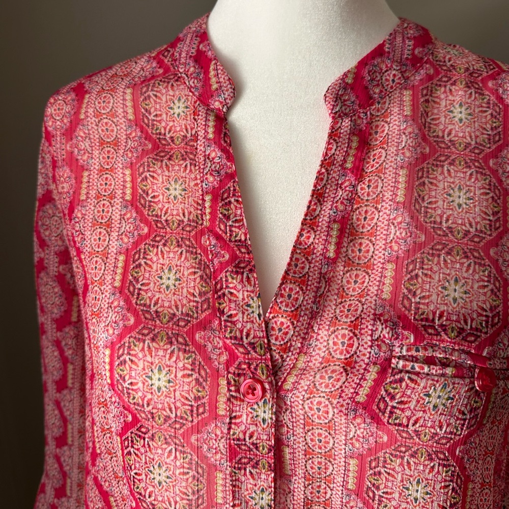 Kut from the Kloth Red and Pink Patterned Fabric sheer blouse